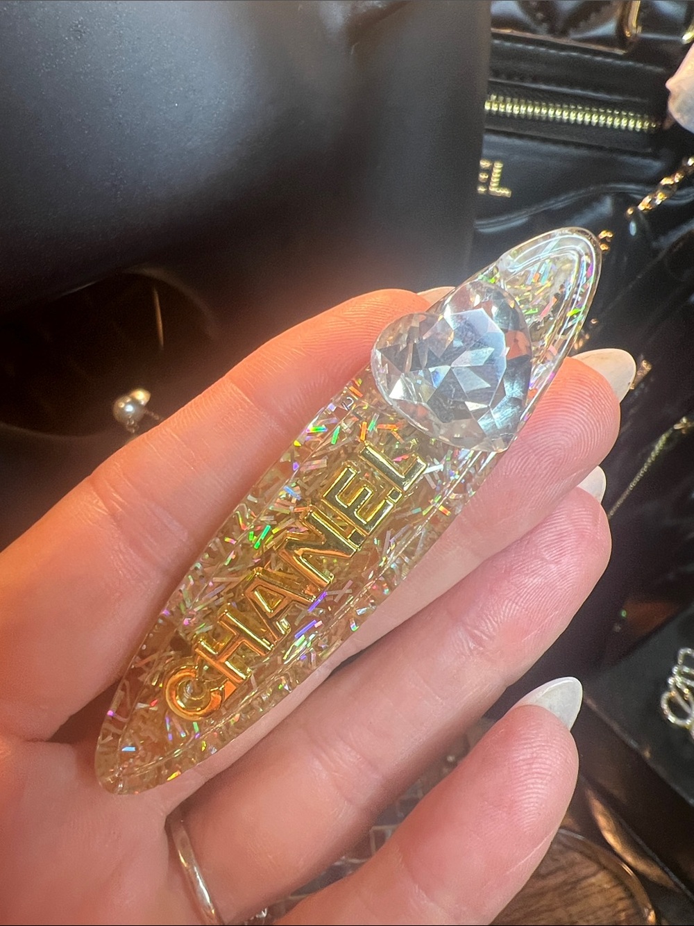 Iridescent Clear Heart Hair Clip - Gold Logo Accent